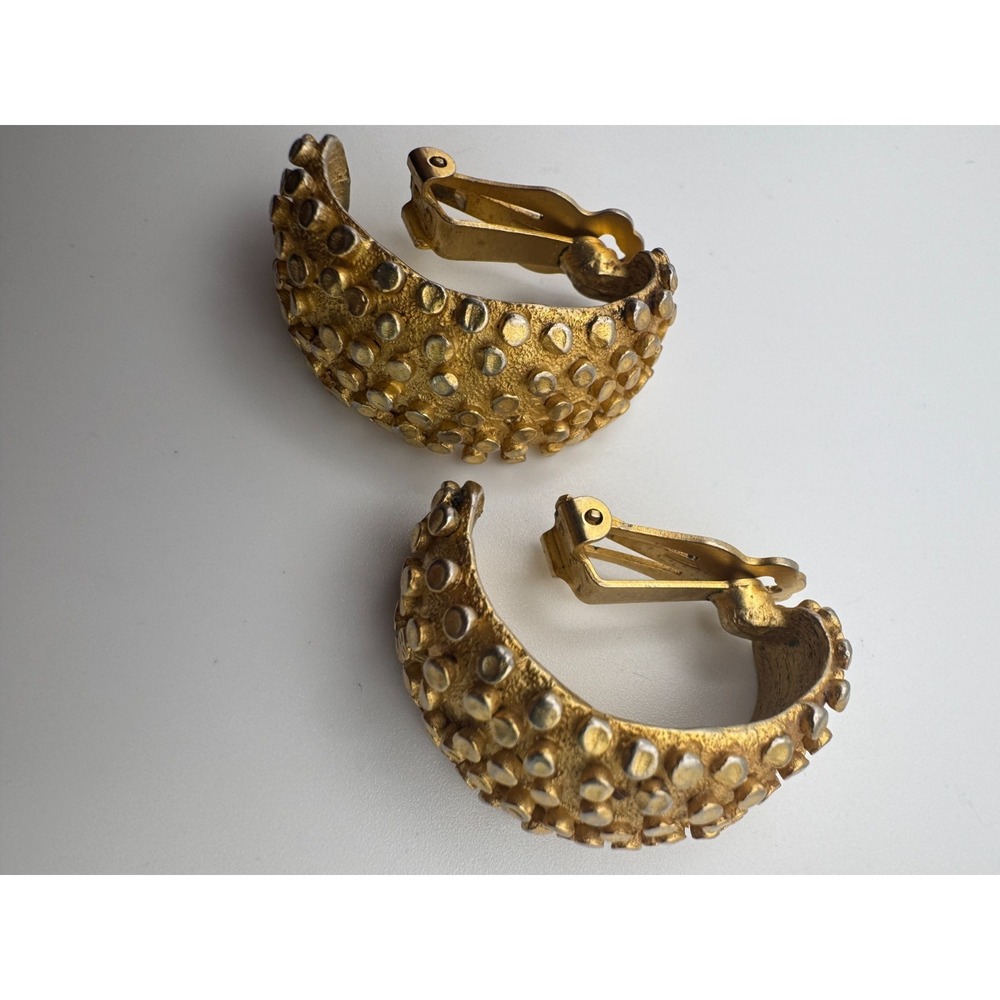 Vintage Norma Jean Earrings Gold Tone Studded Hoop Textured Large - Picture 7 of 7